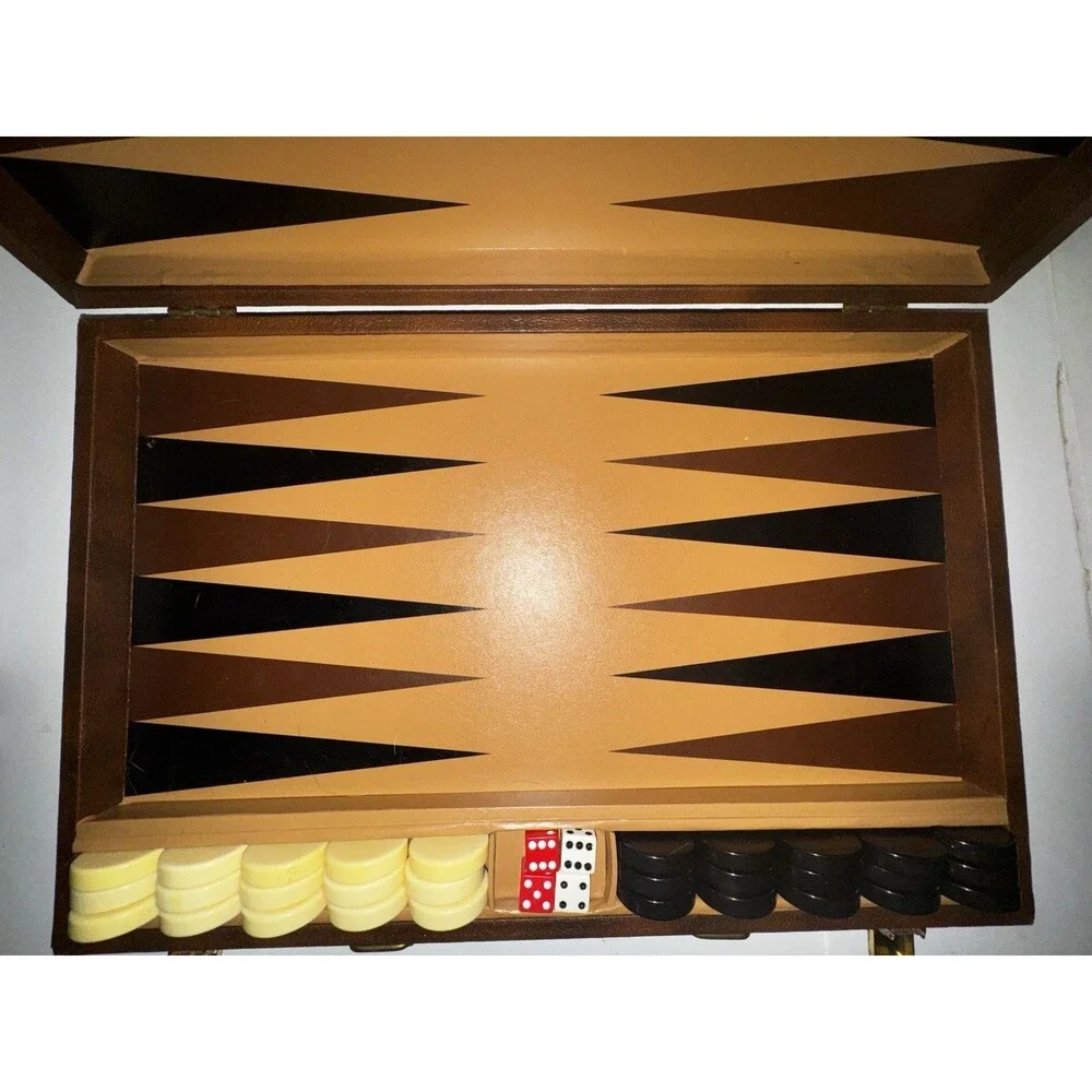 Vintage Full Size Backgammon Game Set Large Portable Brown Case Complete